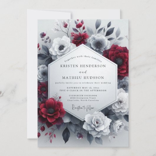 Burgundy Greyscale Bloom Wedding Einladung (Vorderseite)
