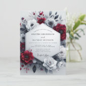 Burgundy Greyscale Bloom Wedding Einladung (Stehend Vorderseite)