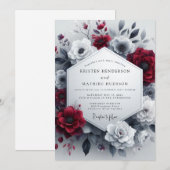 Burgundy Greyscale Bloom Wedding Einladung (Vorne/Hinten)