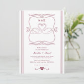 Burgundy Hand Drawn Swan Stripes Monogram Wedding Einladung (Stehend Vorderseite)