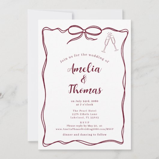 Burgundy Hand Zeichn Doodle Wavy Border Bow Weddin Einladung (Vorderseite)