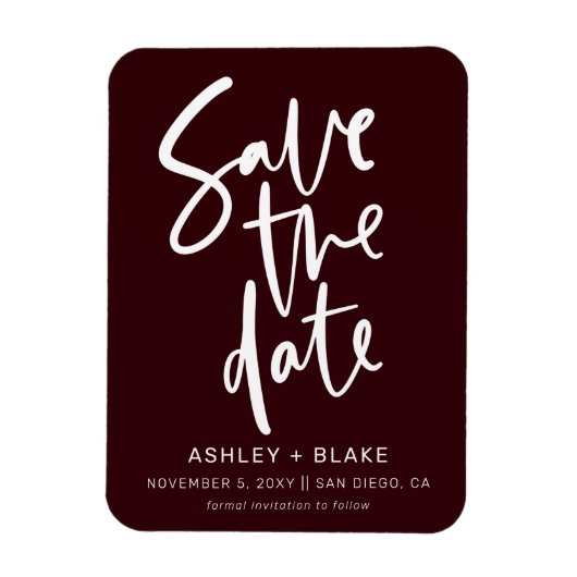 Burgundy Handgeschriebene Kalligrafie Save the Dat Magnet (Vertikal)