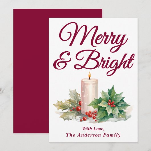 Burgundy Handgeschriebenes Skript Merry & Bright Feiertagskarte (Vorne/Hinten)