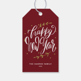 Burgundy Happy New Year Modern Calligraphy Wreath Geschenkanhänger