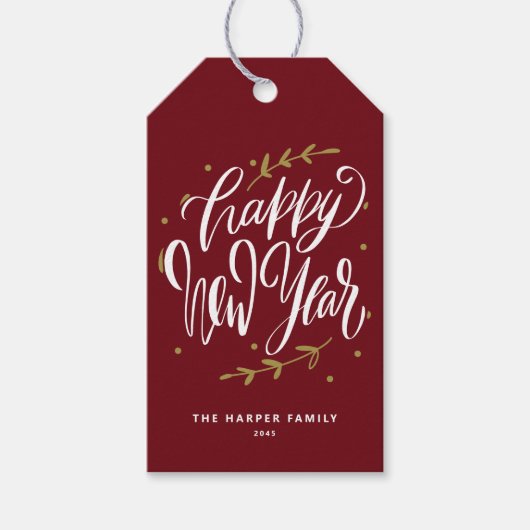 Burgundy Happy New Year Modern Calligraphy Wreath Geschenkanhänger (Vorderseite)