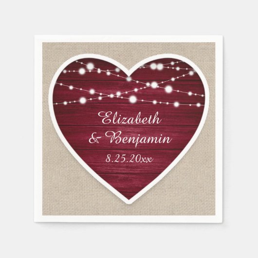 Burgundy Heart String Lights Burlap Wedding Serviette (Vorderseite)