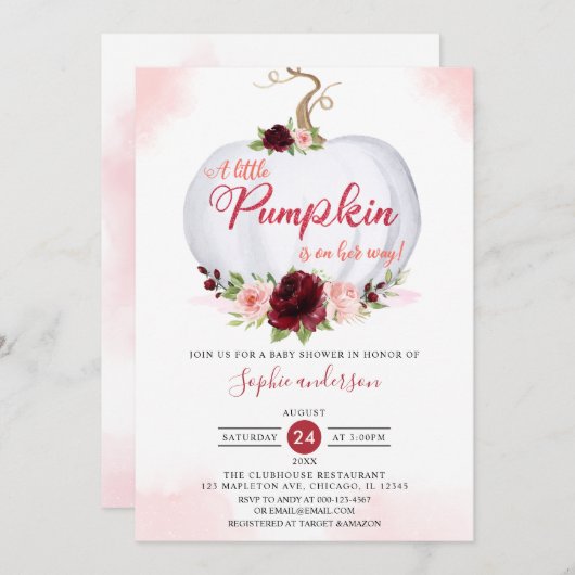Burgundy Herbst ein kleines Pumpkin Fall Babydusch Einladung (Vorne/Hinten)