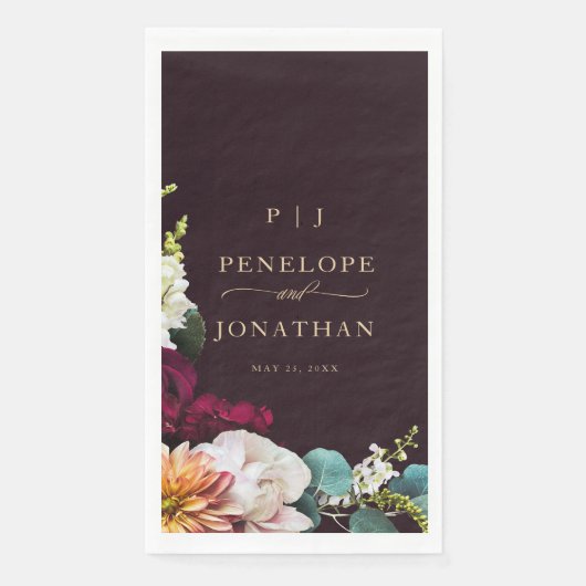 Burgundy Herbst Floral Gold Monogram Wedding Serviette (Vorderseite)