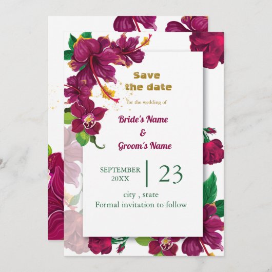 burgundy Hibiskus Blume Rose Save the Date Einladung (Vorne/Hinten)
