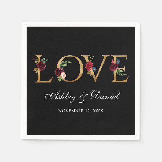 Burgundy-Hochzeit der Liebe Watercolor-Schwarz Serviette (Vorderseite)