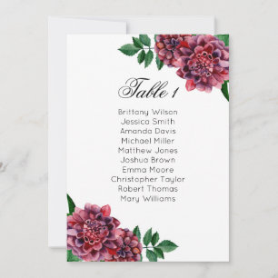Burgundy Hochzeitssitzkarte. Dahlias-Plan Einladung