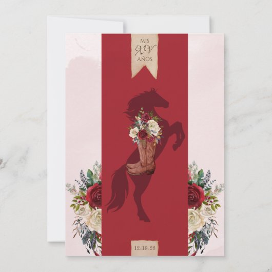 Burgundy Holiday Floral Western Charro Quinceanera Einladung (Rückseite)