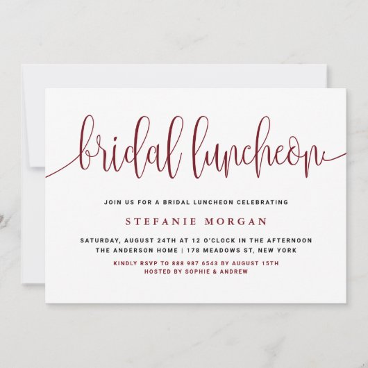 Burgundy Hübsch Calligraphy Bridal Luncheon Einladung (Vorderseite)