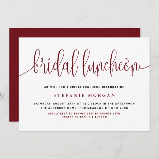 Burgundy Hübsch Calligraphy Bridal Luncheon Einladung (Vorne/Hinten)