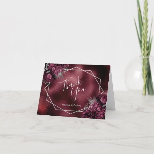 Burgundy Imitats Foil Floral Silver Geometric Wedd Dankeskarte (Vorderseite)