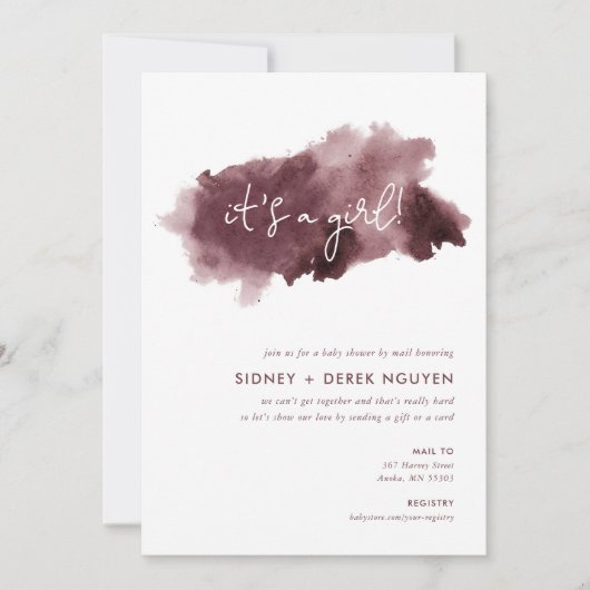Burgundy Ink Wash Girl Baby Dusche by Mail Einladung (Vorderseite)