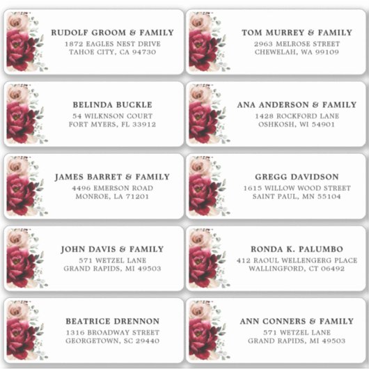 Burgundy Ivory Blush Floral Wedding Guest Address Aufkleber (Vorderseite)