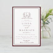 Burgundy & Ivory botanical crest monogram wedding Einladung (Stehend Vorderseite)