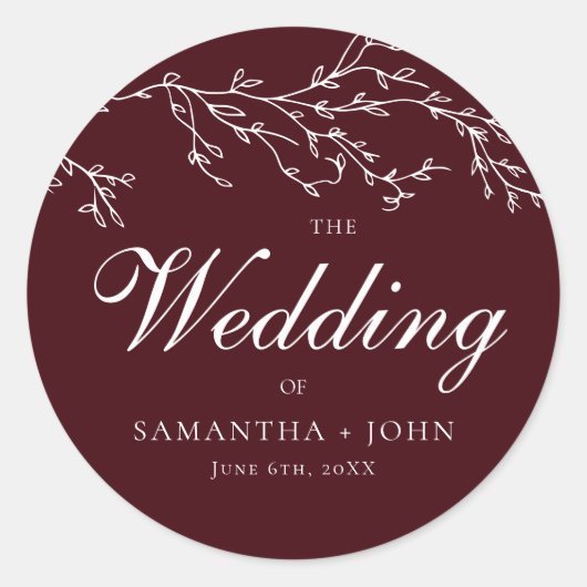 Burgundy & Ivory Botanical Elegant Wedding Runder Aufkleber (Vorderseite)