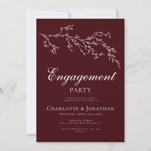 Burgundy & Ivory Botanical Engagement Party Einladung (Vorderseite)