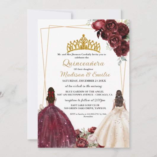 Burgundy & Ivory Butterfly Twin Quinceanera Einladung (Vorderseite)