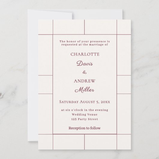 Burgundy ivory checked modern Wedding Einladung (Vorderseite)