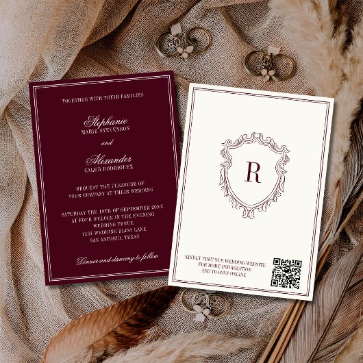 Burgundy & Ivory Crest Old Money QR Code Wedding Einladung