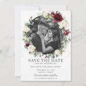 Burgundy Ivory Floral Foto Save the Date Karte (Vorderseite)
