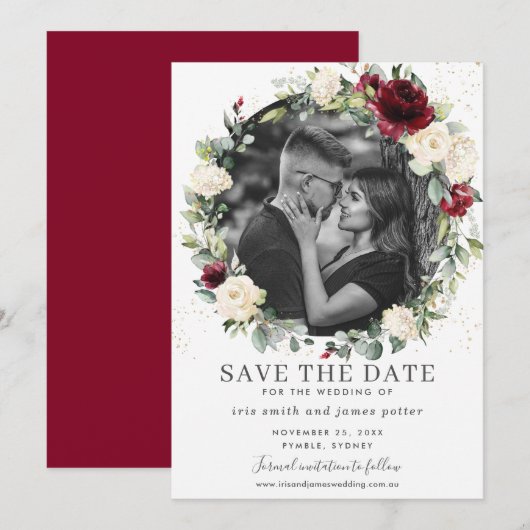 Burgundy Ivory Floral Foto Save the Date Karte (Vorne/Hinten)