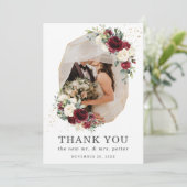 Burgundy Ivory Floral Gold Geometric Foto Hochzeit Dankeskarte (Stehend Vorderseite)