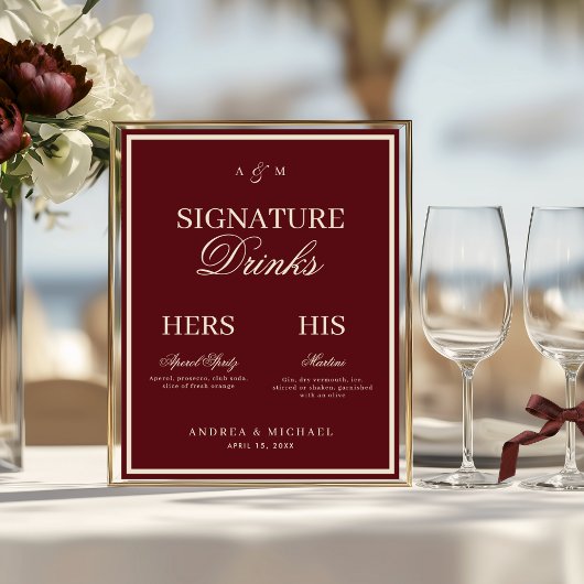 Burgundy & Ivory Old Money Signature Drinks Sign Poster
