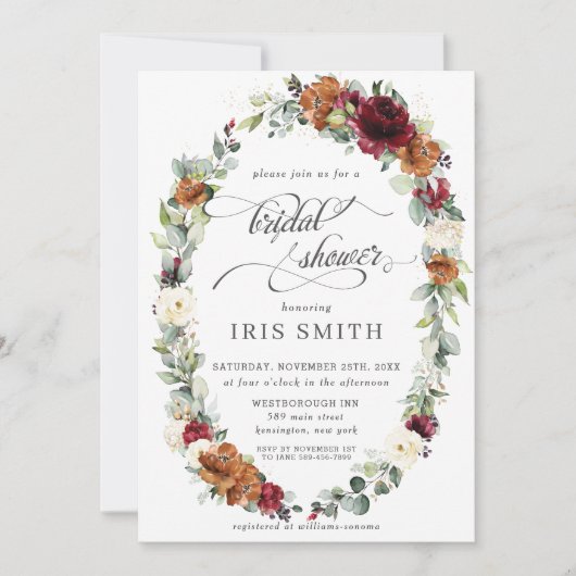 Burgundy Ivory Rust Blumenkraut Brautparty Einladung (Vorderseite)