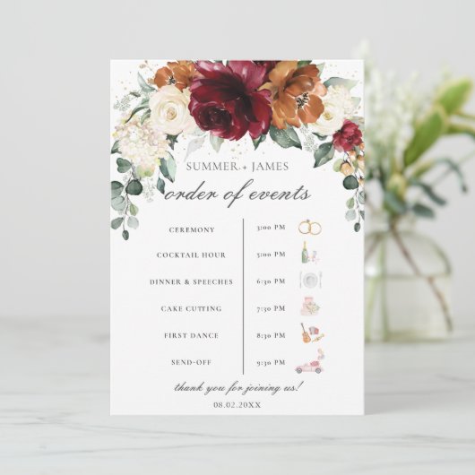 Burgundy Ivory Rust Floral Wedding Order of Event Programm (Stehend Vorderseite)