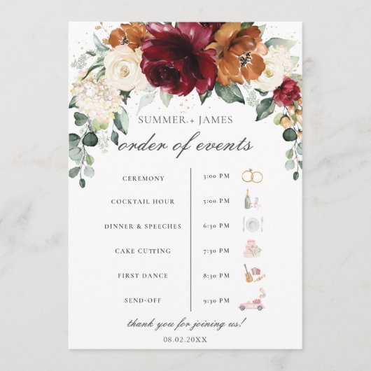 Burgundy Ivory Rust Floral Wedding Order of Event Programm (Vorderseite)