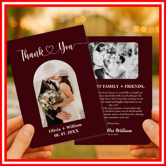 Burgundy & Ivory Rustic Photo Wedding Dankeskarte