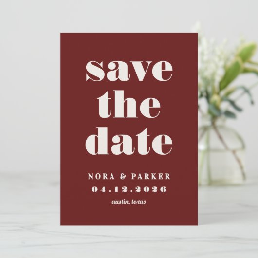 Burgundy & Ivory Simple Modern Formal Wedding Save The Date (Stehend Vorderseite)