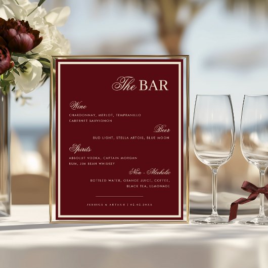 Burgundy & Ivory The Wedding Bar Drink Menu Sign Poster