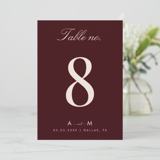 Burgundy & Ivory Wedding 5x7 Table Number Card Einladung (Stehend Vorderseite)