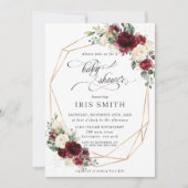 Burgundy Ivory White Floral Baby Shower Geometric Einladung (Vorderseite)