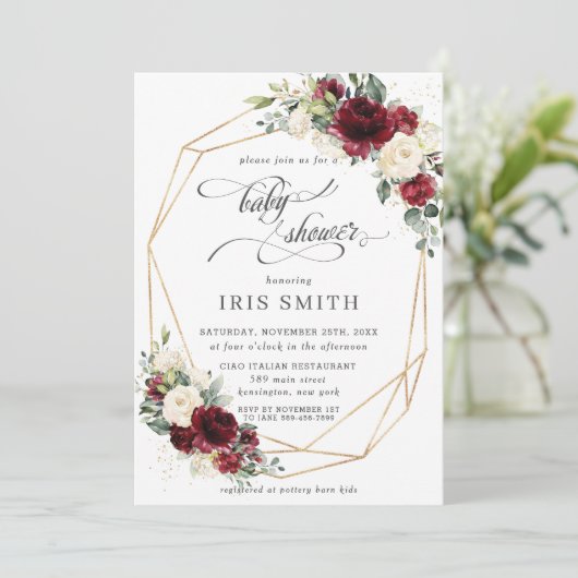 Burgundy Ivory White Floral Baby Shower Geometric Einladung (Stehend Vorderseite)