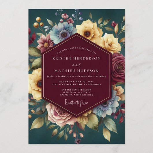 Burgundy Jewel Tone Bloom Wedding Einladung (Vorderseite)