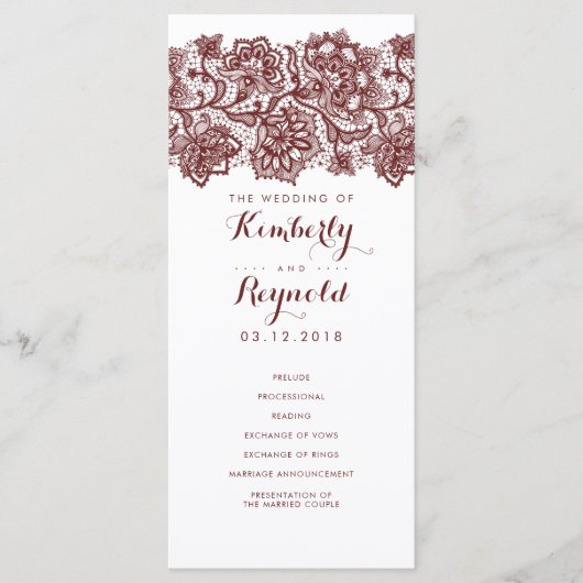 Burgundy Lace Elegante White Wedding Programs Programm (Vorderseite)