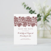 Burgundy Lace Save the Date Ankündigungspostkarte (Stehend Vorderseite)