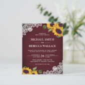 Burgundy Lace Sunflower Budget Einladung (Stehend Vorderseite)