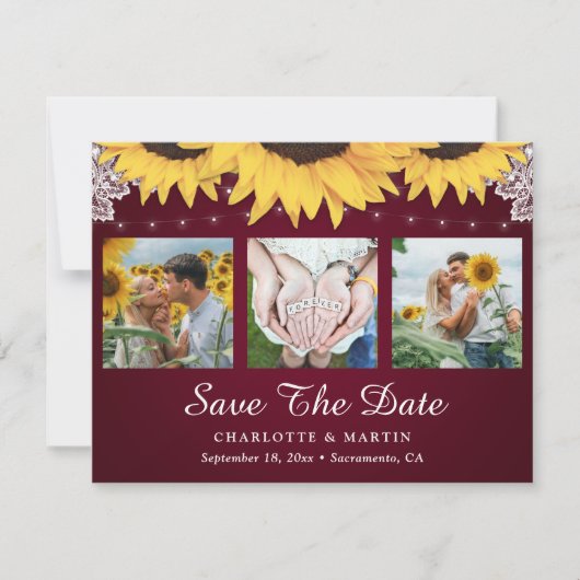 Burgundy Lace Sunflower Foto Collage Save The Date (Vorderseite)