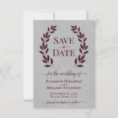 Burgundy Laurel Verlasse über die Hochzeit von Gra Save The Date (Vorderseite)