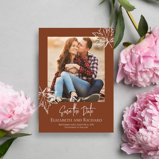Burgundy Leaf Script-Foto Hochzeit Speichern Sie d Save The Date