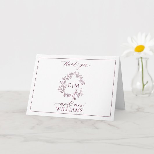 Burgundy Leafy Wappen Monogram Foto Vielen Dank Karte (Kleine Pflanze)