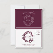 Burgundy Leafy Wappen Monogram Wedding Platzkarte RSVP Karte (Vorderseite)