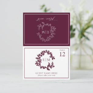 Burgundy Leafy Wappen Monogram Wedding Platzkarte RSVP Karte